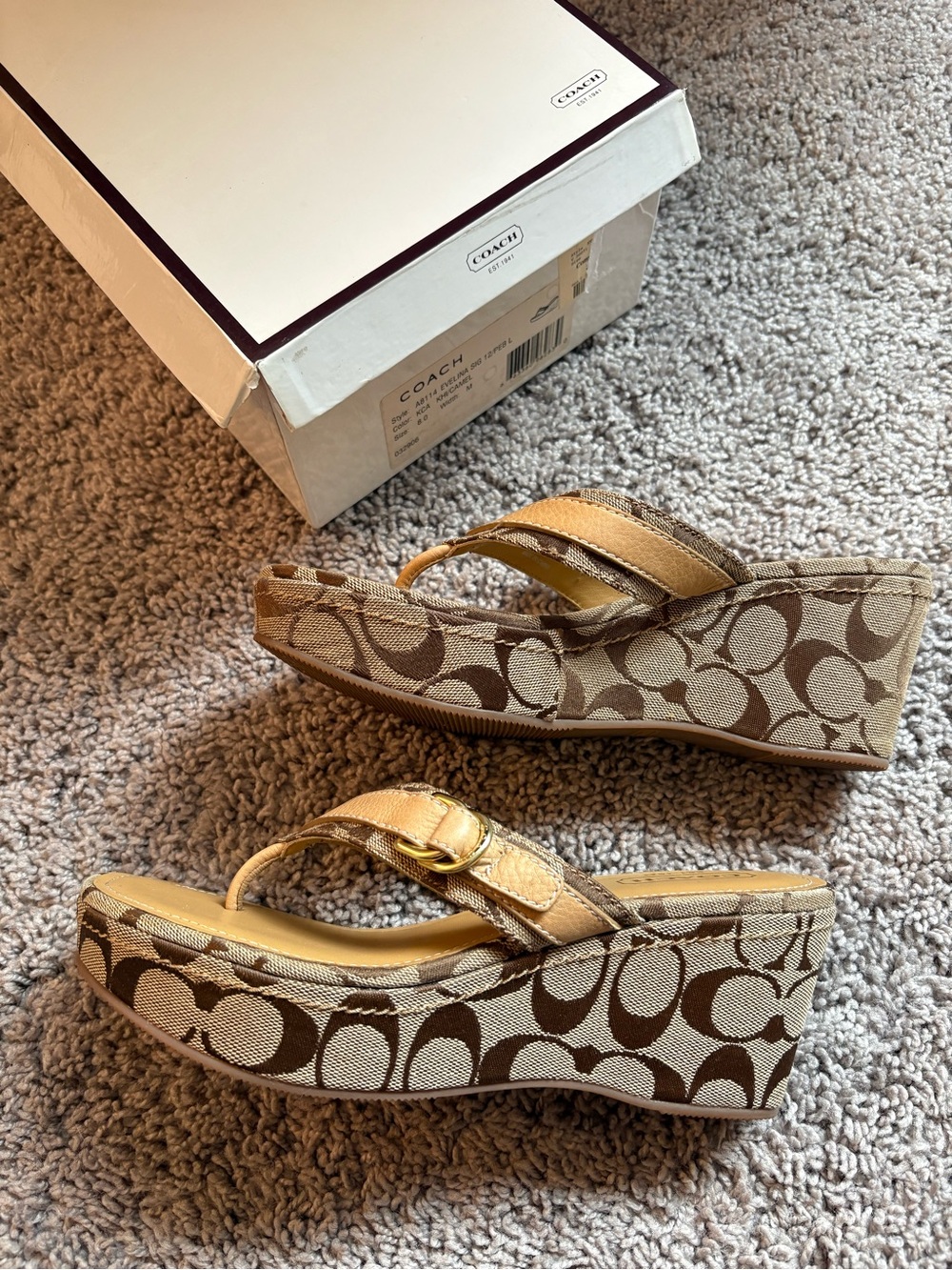 Coach Evalina Tan Signature Canvas Wedge Sandals with Leather Trim.